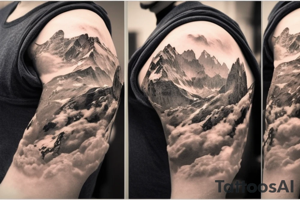 shoulder sleeve tattoo featuring an ascending Japanese dragon that is wrapped around the mountain aiguille du midi in Chamonix (see https://images.app.goo.gl/RYUNNKAjVmQKEBw89 , https://images.app.goo.gl/w6teereZoZyfaoJW6 , https://images.app.goo.gl/mpeEbDtEkAfNdV379) 
winter
trippy
dragon to be moving upwards
Black line scratch marks from feet
Wavey mountains tattoo idea