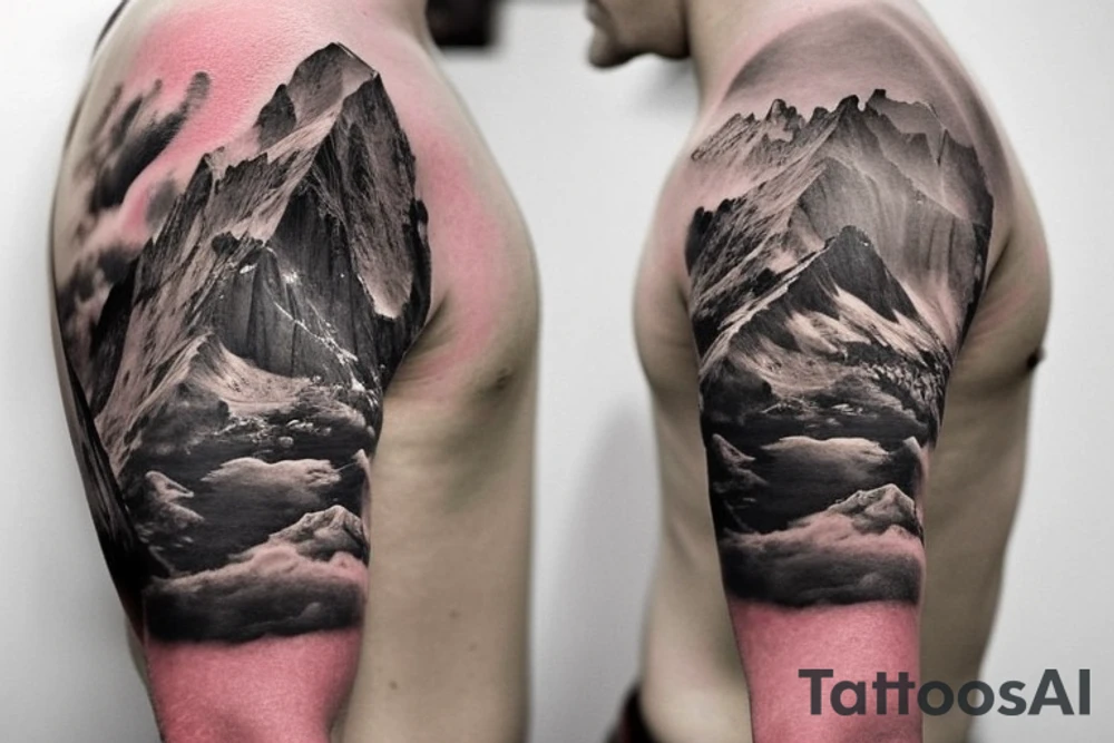 shoulder sleeve tattoo featuring an ascending Japanese dragon that is wrapped around the mountain aiguille du midi in Chamonix (see https://images.app.goo.gl/RYUNNKAjVmQKEBw89 , https://images.app.goo.gl/w6teereZoZyfaoJW6 , https://images.app.goo.gl/mpeEbDtEkAfNdV379) 
winter
trippy
dragon to be moving upwards
Black line scratch marks from feet
Wavey mountains tattoo idea