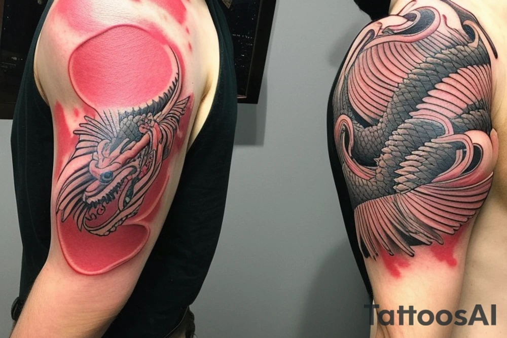 shoulder sleeve tattoo featuring an ascending Japanese dragon that is wrapped around the mountain aiguille du midi in Chamonix (see https://images.app.goo.gl/RYUNNKAjVmQKEBw89 , https://images.app.goo.gl/w6teereZoZyfaoJW6 , https://images.app.goo.gl/mpeEbDtEkAfNdV379) 
winter
trippy
dragon to be moving upwards
Black line scratch marks from feet
Wavey mountains tattoo idea