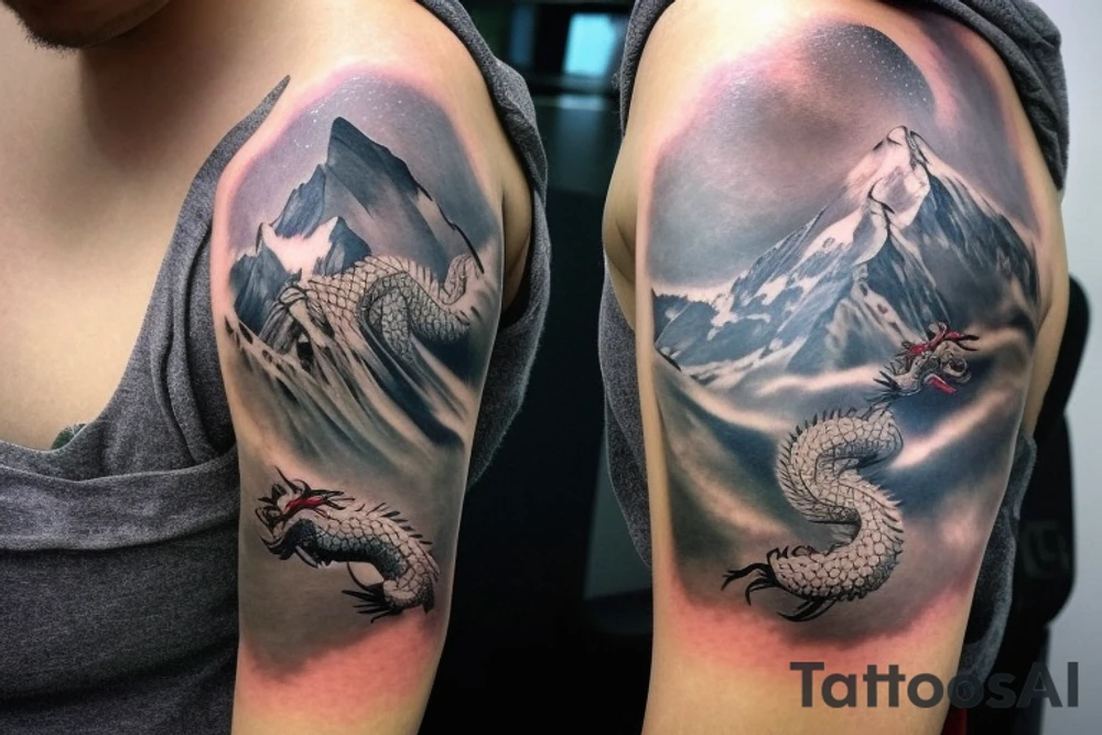 shoulder sleeve tattoo featuring an ascending Japanese dragon that is wrapped around the mountain aiguille du midi in Chamonix (see https://images.app.goo.gl/RYUNNKAjVmQKEBw89 , https://images.app.goo.gl/w6teereZoZyfaoJW6 , https://images.app.goo.gl/mpeEbDtEkAfNdV379) 
winter
trippy
dragon to be moving upwards
Black line scratch marks from feet
Wavey mountains tattoo idea