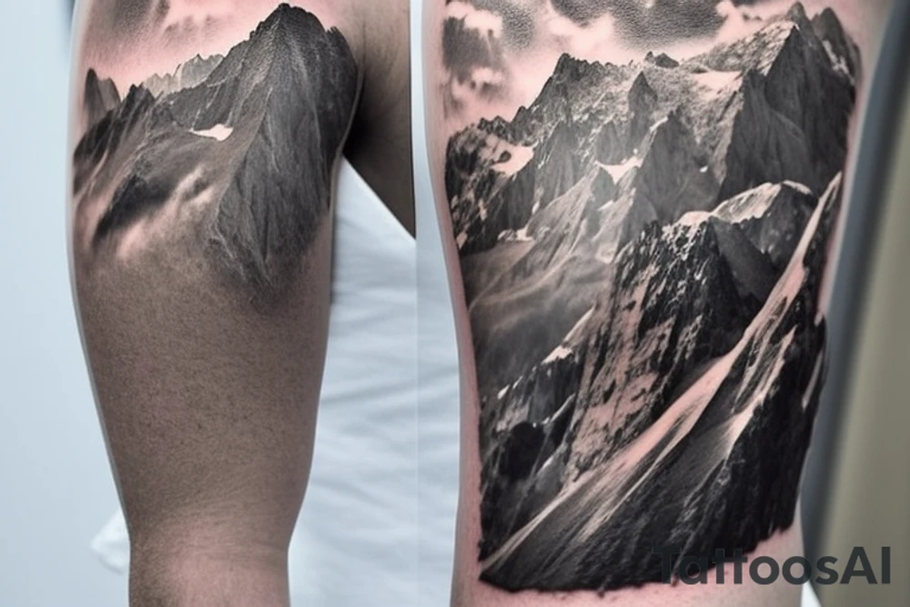 shoulder sleeve tattoo featuring an ascending Japanese dragon that is wrapped around the mountain aiguille du midi in Chamonix (see https://images.app.goo.gl/RYUNNKAjVmQKEBw89 , https://images.app.goo.gl/w6teereZoZyfaoJW6 , https://images.app.goo.gl/mpeEbDtEkAfNdV379) 
winter
trippy
dragon to be moving upwards
Black line scratch marks from feet
Wavey mountains tattoo idea