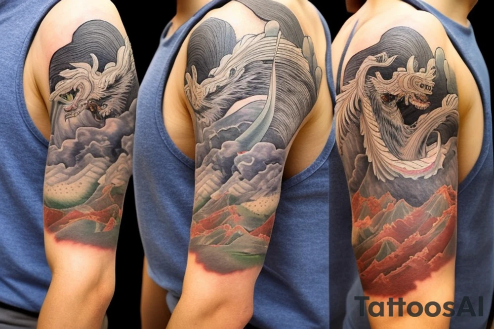 shoulder sleeve tattoo featuring an ascending Japanese dragon that is wrapped around the mountain aiguille du midi in Chamonix (see https://images.app.goo.gl/RYUNNKAjVmQKEBw89 , https://images.app.goo.gl/w6teereZoZyfaoJW6 , https://images.app.goo.gl/mpeEbDtEkAfNdV379) 
winter
trippy
dragon to be moving upwards
Black line scratch marks from feet
Wavey mountains tattoo idea