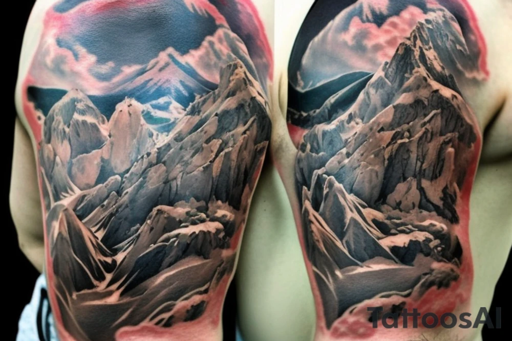 shoulder sleeve tattoo featuring an ascending Japanese dragon that is wrapped around the mountain aiguille du midi in Chamonix (see https://images.app.goo.gl/RYUNNKAjVmQKEBw89 , https://images.app.goo.gl/w6teereZoZyfaoJW6 , https://images.app.goo.gl/mpeEbDtEkAfNdV379) 
winter
trippy
dragon to be moving upwards
Black line scratch marks from feet
Background mountains tattoo idea