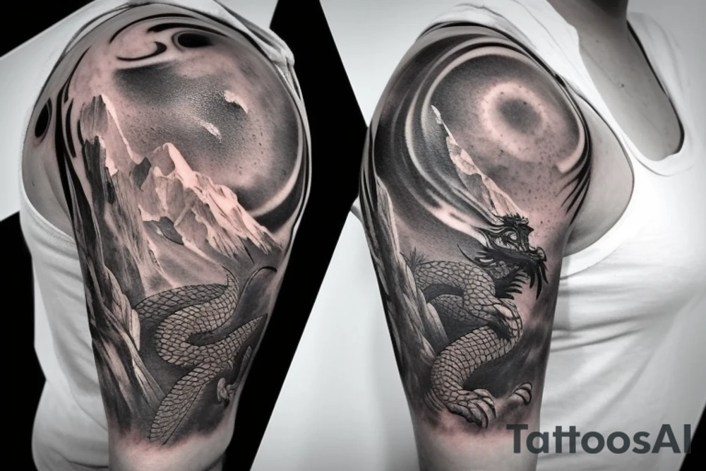 shoulder sleeve tattoo featuring an ascending Japanese dragon that is wrapped around the mountain aiguille du midi in Chamonix (see https://images.app.goo.gl/RYUNNKAjVmQKEBw89 , https://images.app.goo.gl/w6teereZoZyfaoJW6 , https://images.app.goo.gl/mpeEbDtEkAfNdV379) 
winter
trippy
dragon to be moving upwards
Black line scratch marks from feet
Background mountains tattoo idea