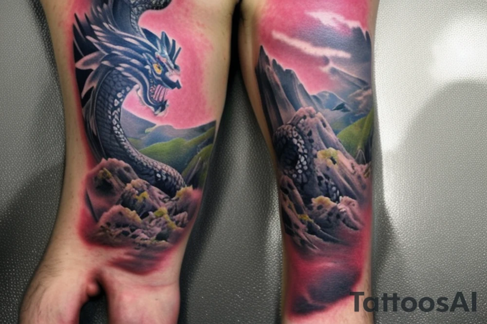 shoulder sleeve tattoo featuring an ascending Japanese dragon that is wrapped around the mountain aiguille du midi in Chamonix (see https://images.app.goo.gl/RYUNNKAjVmQKEBw89 , https://images.app.goo.gl/w6teereZoZyfaoJW6 , https://images.app.goo.gl/mpeEbDtEkAfNdV379) 
winter
trippy
dragon to be moving upwards
Black line scratch marks from feet
Background mountains tattoo idea