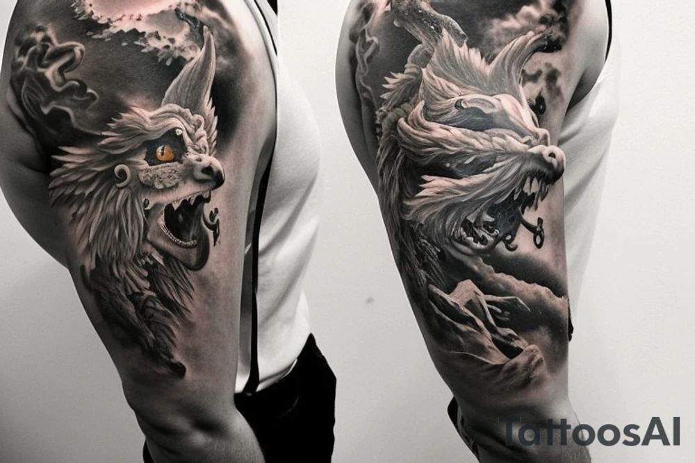 shoulder sleeve tattoo featuring an ascending Japanese dragon that is wrapped around the mountain aiguille du midi in Chamonix (see https://images.app.goo.gl/RYUNNKAjVmQKEBw89 , https://images.app.goo.gl/w6teereZoZyfaoJW6 , https://images.app.goo.gl/mpeEbDtEkAfNdV379) 
winter
trippy
dragon to be moving upwards
Black line scratch marks from feet
Background mountains tattoo idea