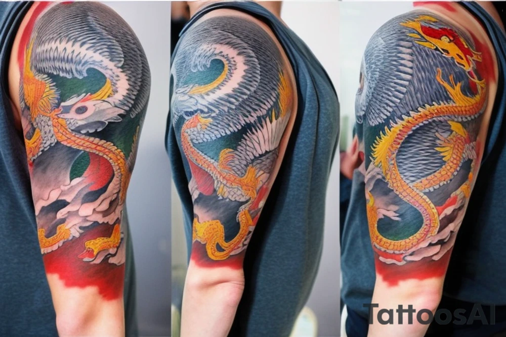 shoulder sleeve tattoo featuring an ascending Japanese dragon that is wrapped around the mountain aiguille du midi in Chamonix (see https://images.app.goo.gl/RYUNNKAjVmQKEBw89 , https://images.app.goo.gl/w6teereZoZyfaoJW6 , https://images.app.goo.gl/mpeEbDtEkAfNdV379) 
winter
trippy
dragon to be moving upwards
Black line scratch marks from feet
Background mountains tattoo idea