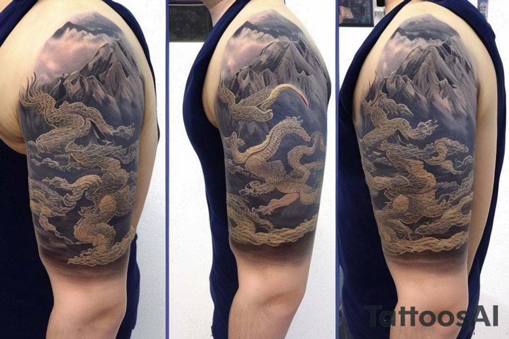 shoulder sleeve tattoo featuring an ascending Japanese dragon that is wrapped around the mountain aiguille du midi in Chamonix (see https://images.app.goo.gl/RYUNNKAjVmQKEBw89 , https://images.app.goo.gl/w6teereZoZyfaoJW6 , https://images.app.goo.gl/mpeEbDtEkAfNdV379) 
winter
trippy
dragon to be moving upwards
Black line scratch marks from feet
Background mountains tattoo idea