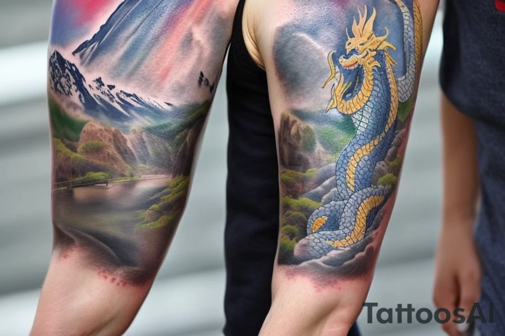 shoulder sleeve tattoo featuring an ascending Japanese dragon that is wrapped around the mountain aiguille du midi in Chamonix (see https://images.app.goo.gl/RYUNNKAjVmQKEBw89 , https://images.app.goo.gl/w6teereZoZyfaoJW6 , https://images.app.goo.gl/mpeEbDtEkAfNdV379) 
winter
trippy
dragon to be moving upwards
Black line scratch marks from feet
Background mountains
Silk like tattoo idea