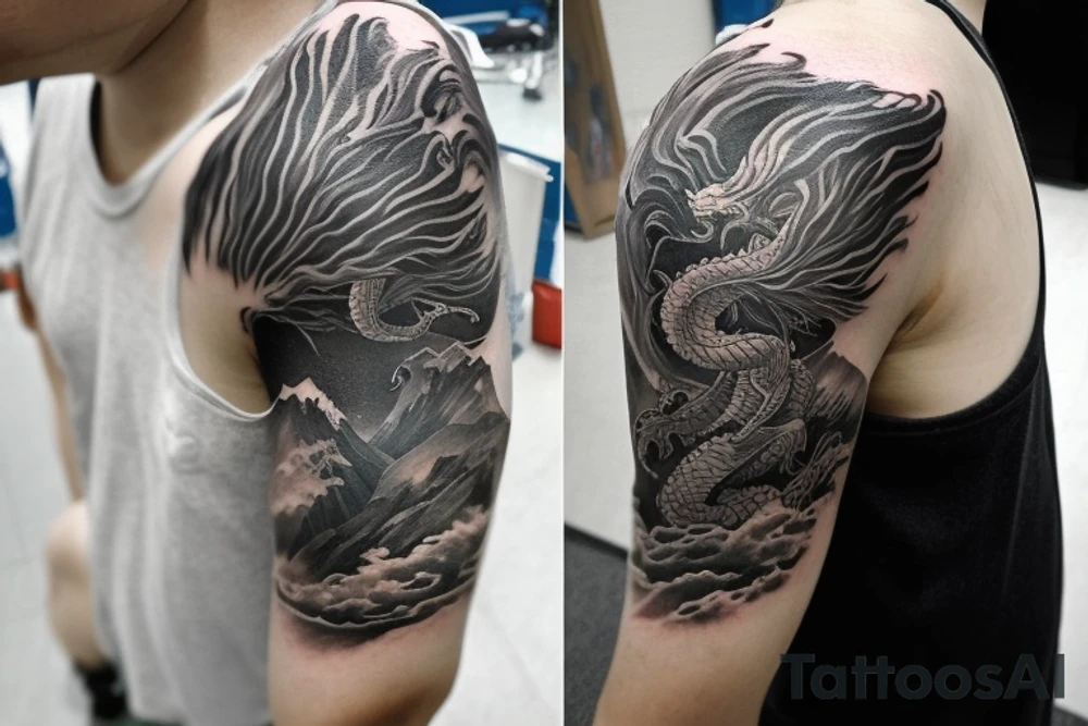 shoulder sleeve tattoo featuring an ascending Japanese dragon that is wrapped around the mountain aiguille du midi in Chamonix (see https://images.app.goo.gl/RYUNNKAjVmQKEBw89 , https://images.app.goo.gl/w6teereZoZyfaoJW6 , https://images.app.goo.gl/mpeEbDtEkAfNdV379) 
winter
trippy
dragon to be moving upwards
Black line scratch marks from feet
Background mountains
Silk like tattoo idea