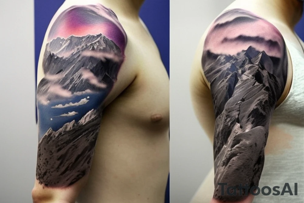 shoulder sleeve tattoo featuring an ascending Japanese silk like dragon that is wrapped around the mountain aiguille du midi in Chamonix (see https://images.app.goo.gl/RYUNNKAjVmQKEBw89 , https://images.app.goo.gl/w6teereZoZyfaoJW6 , https://images.app.goo.gl/mpeEbDtEkAfNdV379) 
winter
trippy
dragon to be moving upwards
Background mountains tattoo idea