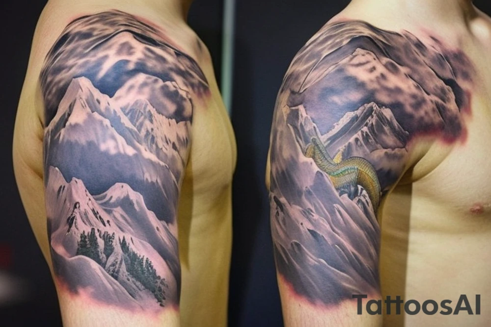 shoulder sleeve tattoo featuring an ascending Japanese silk like dragon that is wrapped around the mountain aiguille du midi in Chamonix (see https://images.app.goo.gl/RYUNNKAjVmQKEBw89 , https://images.app.goo.gl/w6teereZoZyfaoJW6 , https://images.app.goo.gl/mpeEbDtEkAfNdV379) 
winter
trippy
dragon to be moving upwards
Background mountains tattoo idea