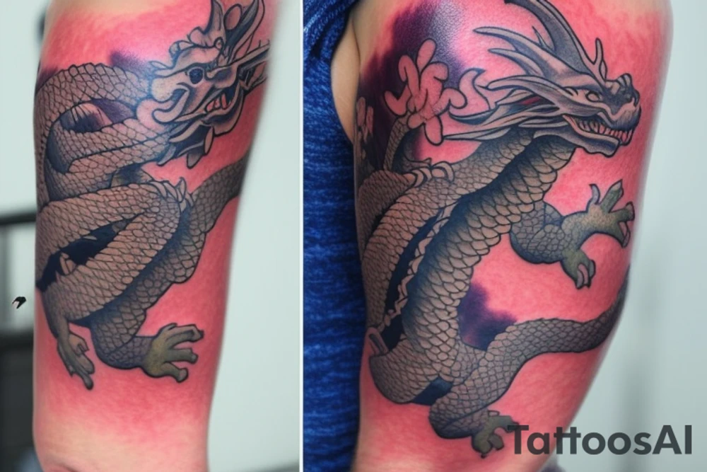 shoulder sleeve tattoo featuring an ascending Japanese silk like dragon that is wrapped around the mountain aiguille du midi in Chamonix (see https://images.app.goo.gl/RYUNNKAjVmQKEBw89 , https://images.app.goo.gl/w6teereZoZyfaoJW6 , https://images.app.goo.gl/mpeEbDtEkAfNdV379) 
winter
trippy
dragon to be moving upwards
Background mountains tattoo idea