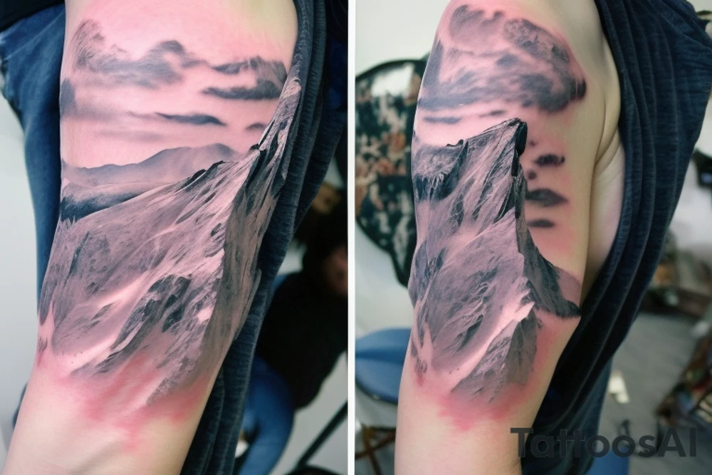 shoulder sleeve tattoo featuring an ascending Japanese silk like dragon that is wrapped around the mountain aiguille du midi in Chamonix (see https://images.app.goo.gl/RYUNNKAjVmQKEBw89 , https://images.app.goo.gl/w6teereZoZyfaoJW6 , https://images.app.goo.gl/mpeEbDtEkAfNdV379) 
winter
trippy
dragon to be moving upwards
Background mountains tattoo idea