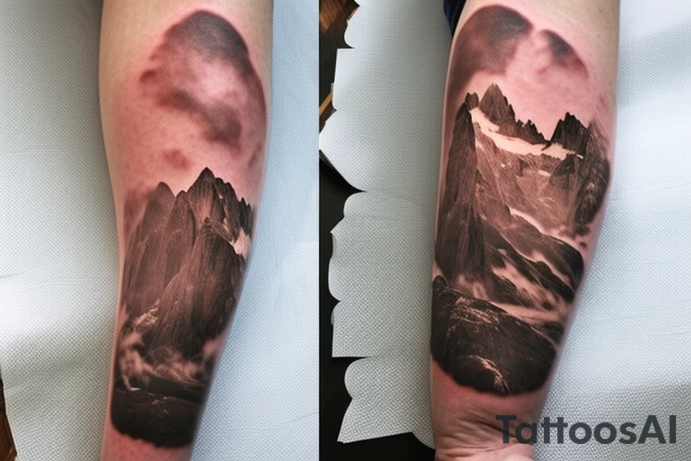 shoulder sleeve tattoo featuring an ascending Japanese silk-like dragon that is wrapped around the mountain Aiguille du midi in Chamonix (see https://images.app.goo.gl/RYUNNKAjVmQKEBw89 , https://images.app.goo.gl/w6teereZoZyfaoJW6 , https://images.app.goo.gl/mpeEbDtEkAfNdV379) 
winter
trippy
dragon to be moving upwards
Background mountains tattoo idea