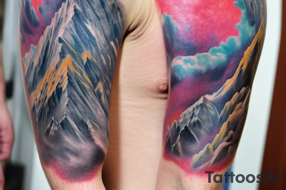 shoulder sleeve tattoo featuring an ascending Japanese silk-like dragon that is wrapped around the mountain Aiguille du midi in Chamonix (see https://images.app.goo.gl/RYUNNKAjVmQKEBw89 , https://images.app.goo.gl/w6teereZoZyfaoJW6 , https://images.app.goo.gl/mpeEbDtEkAfNdV379) 
winter
trippy
dragon to be moving upwards
Background mountains tattoo idea