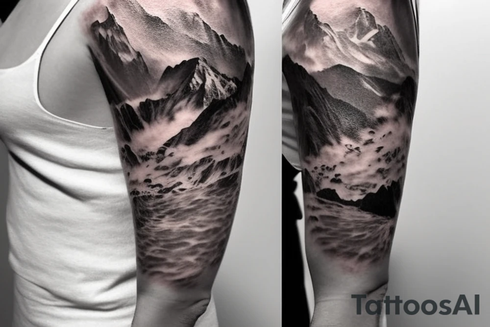 shoulder sleeve tattoo featuring an ascending Japanese silk-like dragon that is wrapped around the mountain Aiguille du midi in Chamonix (see https://images.app.goo.gl/RYUNNKAjVmQKEBw89 , https://images.app.goo.gl/w6teereZoZyfaoJW6 , https://images.app.goo.gl/mpeEbDtEkAfNdV379) 
winter
trippy
dragon to be moving upwards
Background mountains tattoo idea
