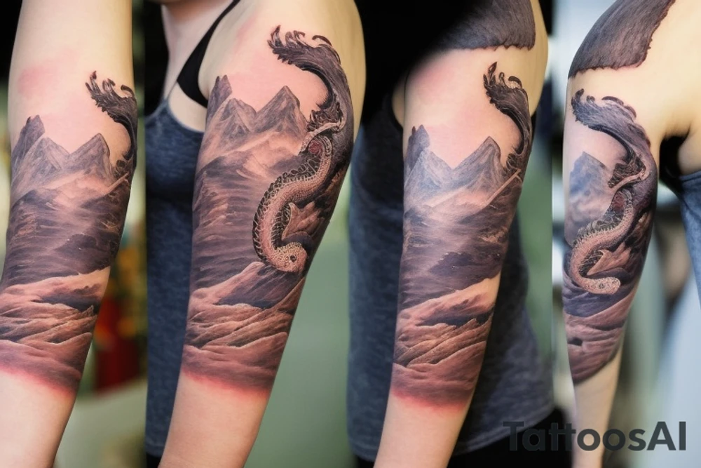 shoulder sleeve tattoo featuring an ascending Japanese silk-like dragon that is wrapped around the mountain Aiguille du midi in Chamonix (see https://images.app.goo.gl/RYUNNKAjVmQKEBw89 , https://images.app.goo.gl/w6teereZoZyfaoJW6 , https://images.app.goo.gl/mpeEbDtEkAfNdV379) 
winter
trippy
dragon to be moving upwards
Background mountains tattoo idea