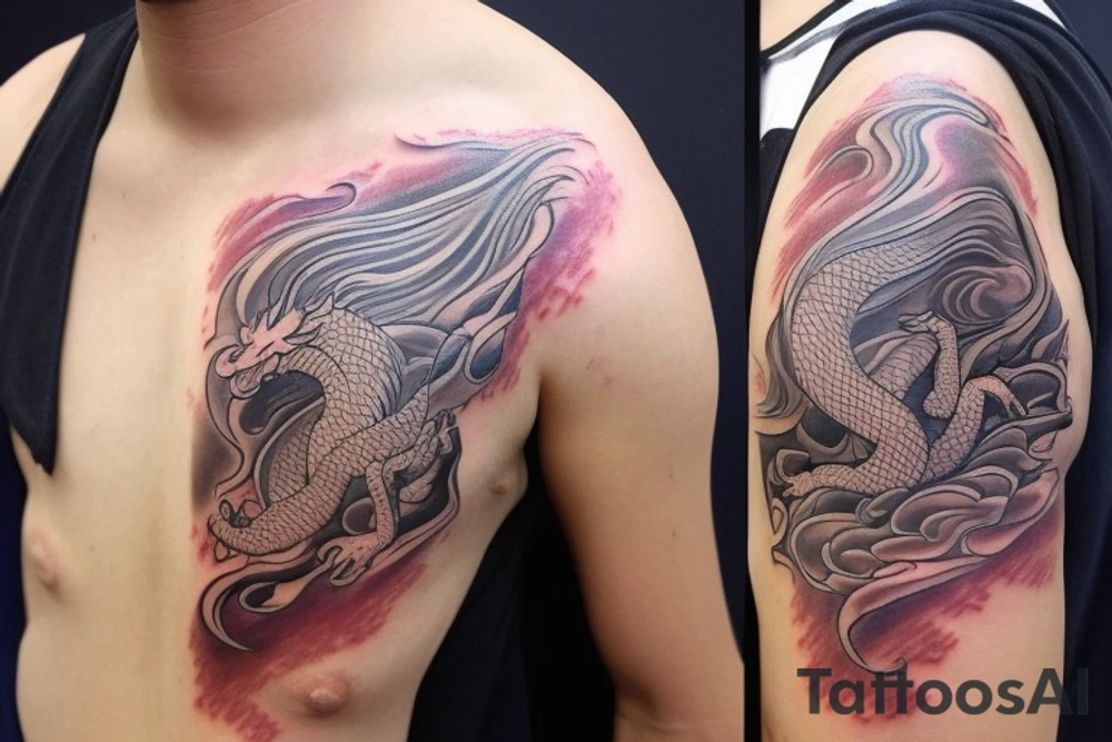 shoulder sleeve tattoo featuring an ascending Japanese dragon with silk like hair that is wrapped around the mountain Aiguille du midi in Chamonix (see https://images.app.goo.gl/RYUNNKAjVmQKEBw89 , https://images.app.goo.gl/w6teereZoZyfaoJW6 , https://images.app.goo.gl/mpeEbDtEkAfNdV379) 
winter
trippy
dragon to be moving upwards
Background mountains tattoo idea