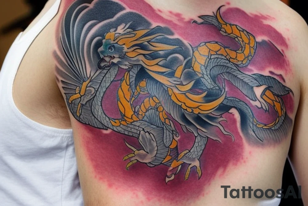 shoulder sleeve tattoo featuring an ascending Japanese dragon with silk like hair that is wrapped around the mountain Aiguille du midi in Chamonix (see https://images.app.goo.gl/RYUNNKAjVmQKEBw89 , https://images.app.goo.gl/w6teereZoZyfaoJW6 , https://images.app.goo.gl/mpeEbDtEkAfNdV379) 
winter
trippy
dragon to be moving upwards
Background mountains tattoo idea