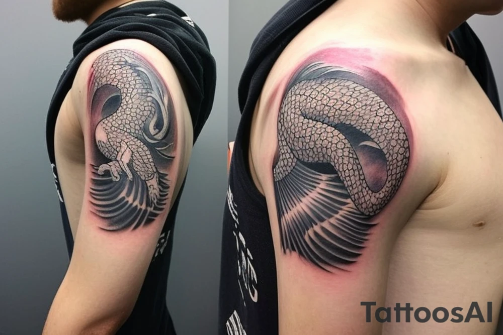 shoulder sleeve tattoo featuring an ascending Japanese dragon with silk like hair that is wrapped around the mountain Aiguille du midi in Chamonix (see https://images.app.goo.gl/RYUNNKAjVmQKEBw89 , https://images.app.goo.gl/w6teereZoZyfaoJW6 , https://images.app.goo.gl/mpeEbDtEkAfNdV379) 
winter
dragon to be moving upwards
Background mountains tattoo idea