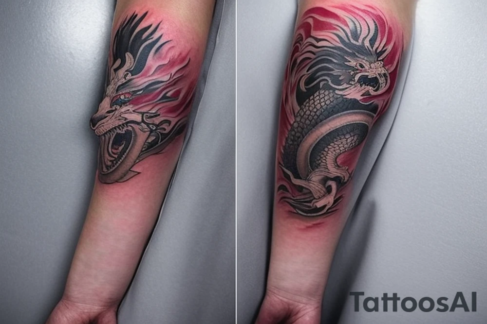 shoulder sleeve tattoo featuring an ascending Japanese dragon with silk like hair that is wrapped around the mountain Aiguille du midi in Chamonix (see https://images.app.goo.gl/RYUNNKAjVmQKEBw89 , https://images.app.goo.gl/w6teereZoZyfaoJW6 , https://images.app.goo.gl/mpeEbDtEkAfNdV379) 
winter
dragon to be moving upwards
Background mountains tattoo idea