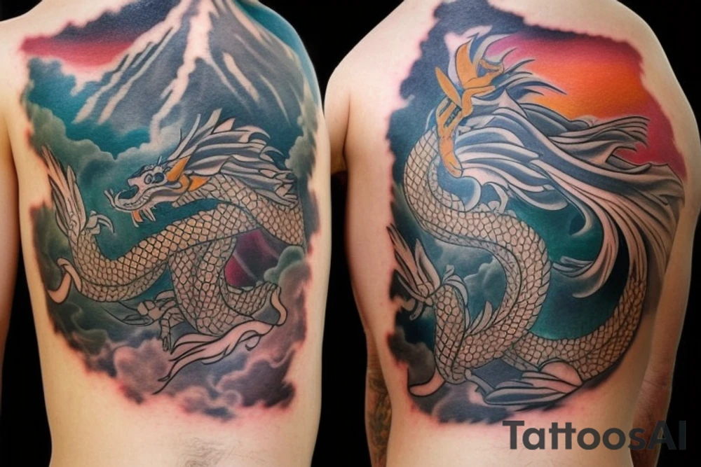 shoulder sleeve tattoo featuring an ascending Japanese dragon with silk like hair that is wrapped around the mountain Aiguille du midi in Chamonix (see https://images.app.goo.gl/RYUNNKAjVmQKEBw89 , https://images.app.goo.gl/w6teereZoZyfaoJW6 , https://images.app.goo.gl/mpeEbDtEkAfNdV379) 
winter
dragon to be moving upwards
Background mountains tattoo idea