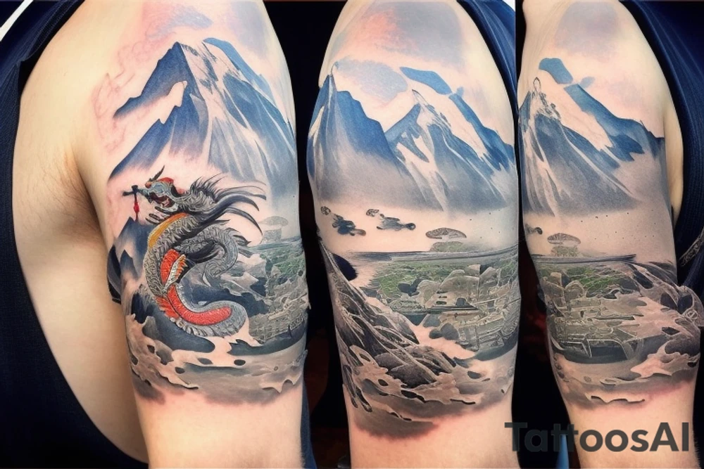 shoulder sleeve tattoo featuring an ascending Japanese dragon with silk like hair that is wrapped around the mountain Aiguille du midi in Chamonix (see https://images.app.goo.gl/RYUNNKAjVmQKEBw89 , https://images.app.goo.gl/w6teereZoZyfaoJW6 , https://images.app.goo.gl/mpeEbDtEkAfNdV379) 
winter
dragon to be moving upwards
Background mountains tattoo idea