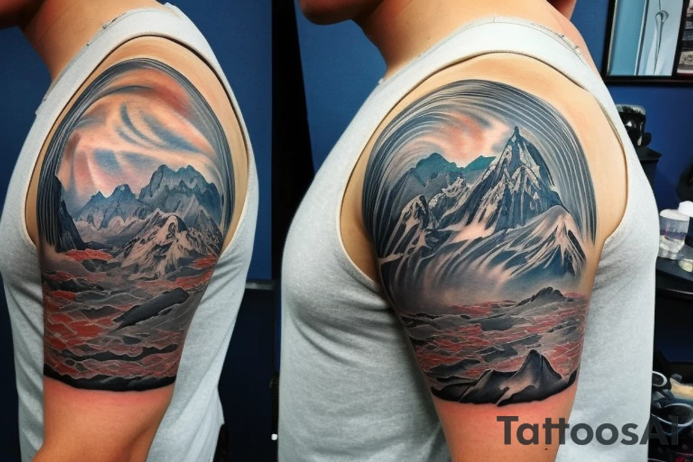 shoulder sleeve tattoo featuring an ascending Japanese dragon with silk like hair that is wrapped around the mountain Aiguille du midi in Chamonix (see https://images.app.goo.gl/RYUNNKAjVmQKEBw89 , https://images.app.goo.gl/w6teereZoZyfaoJW6 , https://images.app.goo.gl/mpeEbDtEkAfNdV379) 
winter
dragon to be moving upwards
Background mountains tattoo idea