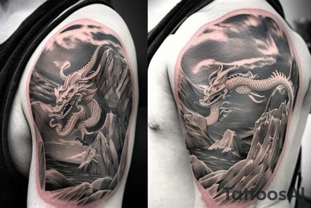 shoulder sleeve tattoo featuring an ascending Japanese dragon with silk like hair that is wrapped around the mountain Aiguille du midi in Chamonix (see https://images.app.goo.gl/RYUNNKAjVmQKEBw89 , https://images.app.goo.gl/w6teereZoZyfaoJW6 , https://images.app.goo.gl/mpeEbDtEkAfNdV379) 
winter
dragon to be moving upwards
Background mountains tattoo idea