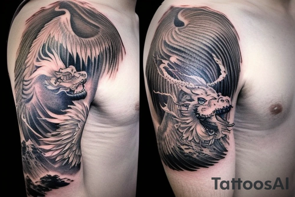 shoulder sleeve tattoo featuring an ascending Japanese dragon with silk like hair that is wrapped around the mountain Aiguille du midi in Chamonix (see https://images.app.goo.gl/RYUNNKAjVmQKEBw89 , https://images.app.goo.gl/w6teereZoZyfaoJW6 , https://images.app.goo.gl/mpeEbDtEkAfNdV379) 
winter
dragon to be moving upwards
Background mountains tattoo idea
