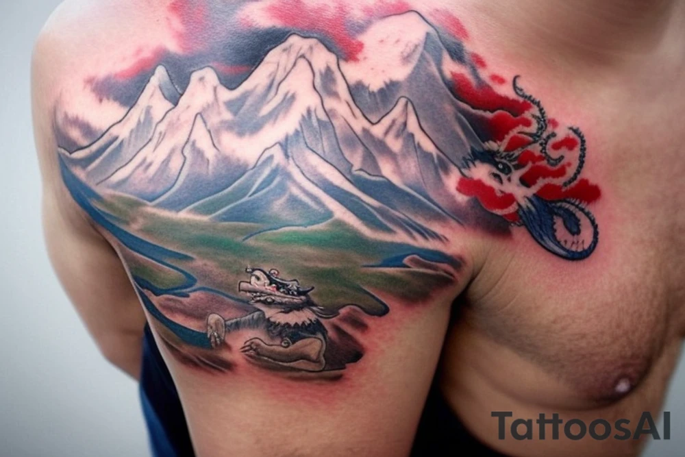 shoulder sleeve tattoo featuring an ascending Japanese dragon with silk like hair that is wrapped around the mountain Aiguille du midi in Chamonix (see https://images.app.goo.gl/RYUNNKAjVmQKEBw89 , https://images.app.goo.gl/w6teereZoZyfaoJW6 , https://images.app.goo.gl/mpeEbDtEkAfNdV379) 
winter
dragon to be moving upwards
Background mountains tattoo idea
