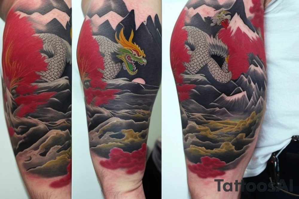 shoulder sleeve tattoo featuring an ascending Japanese dragon with silk like hair that is wrapped around the mountain Aiguille du midi in Chamonix (see https://images.app.goo.gl/RYUNNKAjVmQKEBw89 , https://images.app.goo.gl/w6teereZoZyfaoJW6 , https://images.app.goo.gl/mpeEbDtEkAfNdV379) 
winter
dragon to be moving upwards
Background mountains tattoo idea