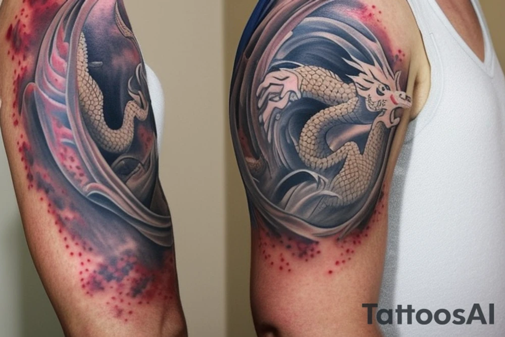shoulder sleeve tattoo featuring an ascending Japanese dragon with silk like hair that is wrapped around the mountain Aiguille du midi in Chamonix (see https://images.app.goo.gl/RYUNNKAjVmQKEBw89 , https://images.app.goo.gl/w6teereZoZyfaoJW6 , https://images.app.goo.gl/mpeEbDtEkAfNdV379) 
winter
dragon to be moving upwards
Background mountains tattoo idea