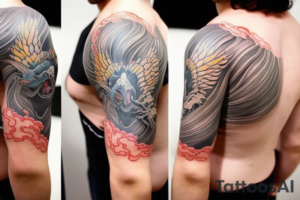 shoulder sleeve tattoo featuring an ascending Japanese dragon with silk like hair that is wrapped around the mountain Aiguille du midi in Chamonix (see https://images.app.goo.gl/RYUNNKAjVmQKEBw89 , https://images.app.goo.gl/w6teereZoZyfaoJW6 , https://images.app.goo.gl/mpeEbDtEkAfNdV379) 
winter
dragon to be moving upwards
Background mountains tattoo idea
