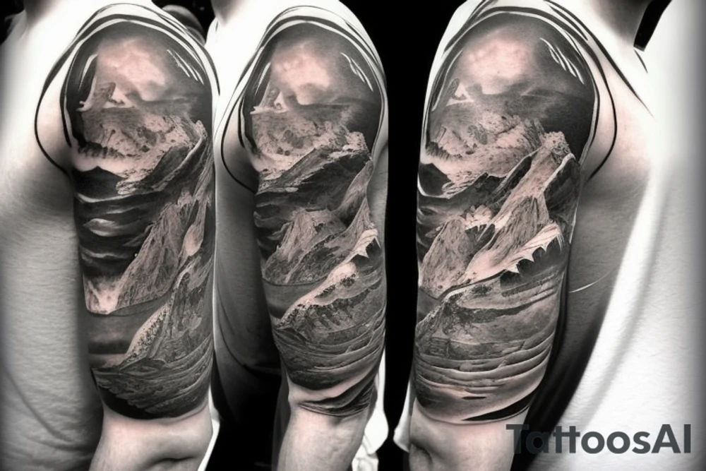 shoulder sleeve tattoo featuring an ascending Japanese dragon with silk like hair that is wrapped around the mountain Aiguille du midi in Chamonix (see https://images.app.goo.gl/RYUNNKAjVmQKEBw89 , https://images.app.goo.gl/w6teereZoZyfaoJW6 , https://images.app.goo.gl/mpeEbDtEkAfNdV379) 
winter
dragon to be moving upwards
Background mountains tattoo idea