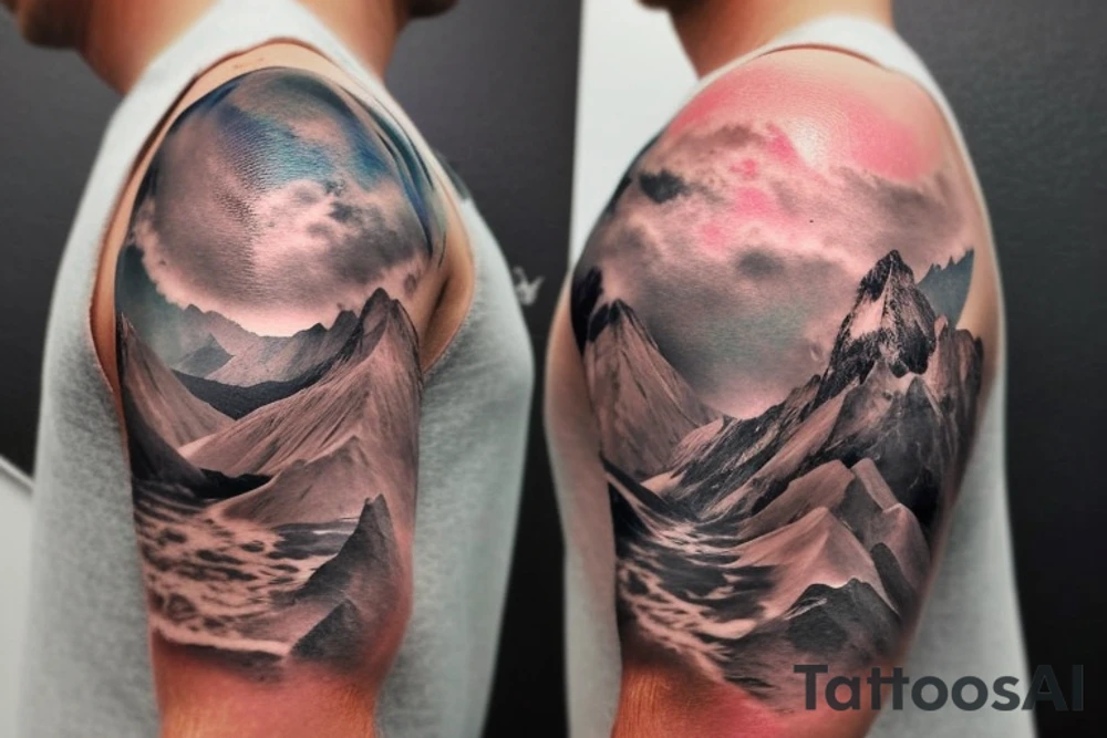 shoulder sleeve tattoo featuring an ascending Japanese dragon with silk like hair that is wrapped around the mountain Aiguille du midi in Chamonix (see https://images.app.goo.gl/RYUNNKAjVmQKEBw89 , https://images.app.goo.gl/w6teereZoZyfaoJW6 , https://images.app.goo.gl/mpeEbDtEkAfNdV379) 
winter
dragon to be moving upwards
Background mountains tattoo idea