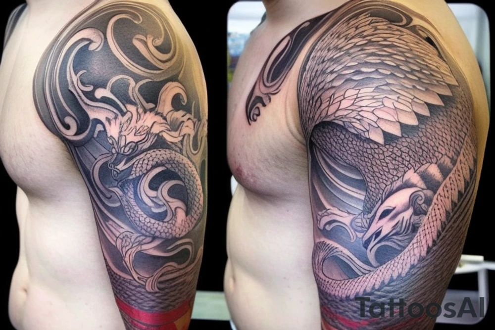 shoulder sleeve tattoo featuring an ascending Japanese dragon with silk like hair that is wrapped around the mountain Aiguille du midi in Chamonix (see https://images.app.goo.gl/RYUNNKAjVmQKEBw89 , https://images.app.goo.gl/w6teereZoZyfaoJW6 , https://images.app.goo.gl/mpeEbDtEkAfNdV379) 
winter
dragon to be moving upwards
Background mountains tattoo idea
