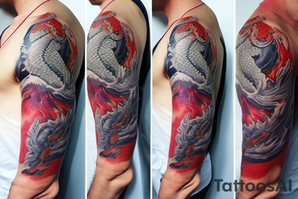 shoulder sleeve tattoo featuring an ascending Japanese dragon with silk like hair 
clawing up the mountain Aiguille du midi in Chamonix (see https://images.app.goo.gl/RYUNNKAjVmQKEBw89 , https://images.app.goo.gl/w6teereZoZyfaoJW6 , https://images.app.goo.gl/mpeEbDtEkAfNdV379) 
winter
dragon to be moving upwards
Background mountains tattoo idea