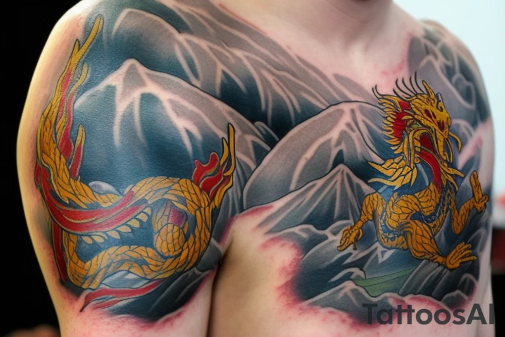 shoulder sleeve tattoo featuring an ascending Japanese dragon with silk like hair 
clawing up the mountain Aiguille du midi in Chamonix (see https://images.app.goo.gl/RYUNNKAjVmQKEBw89 , https://images.app.goo.gl/w6teereZoZyfaoJW6 , https://images.app.goo.gl/mpeEbDtEkAfNdV379) 
winter
dragon to be moving upwards
Background mountains tattoo idea