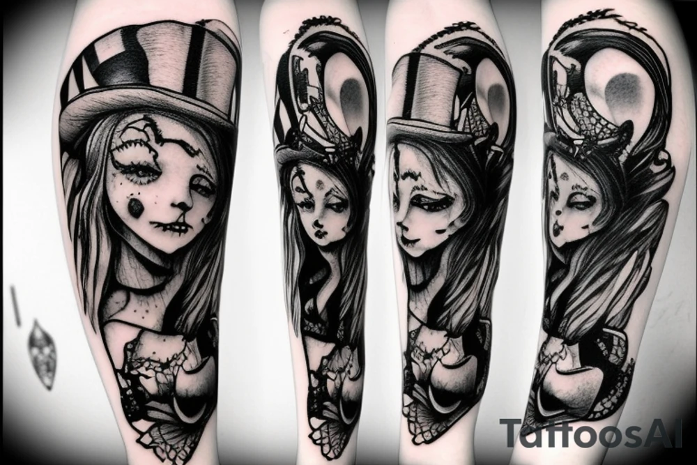 Tim burton style mad hatter Alice in wonderland side piece tattoo idea