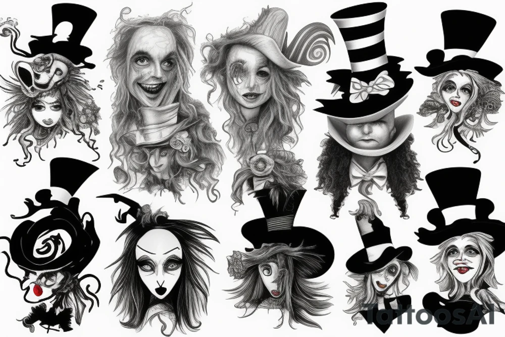 Tim burton style mad hatter Alice in wonderland side piece tattoo idea