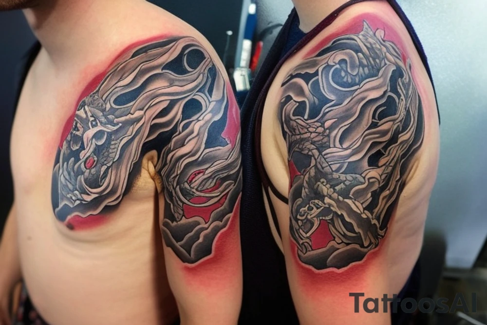 shoulder sleeve tattoo featuring an ascending Japanese dragon with silk like hair 
clawing up the mountain Aiguille du midi in Chamonix (see https://images.app.goo.gl/RYUNNKAjVmQKEBw89 , https://images.app.goo.gl/w6teereZoZyfaoJW6 , https://images.app.goo.gl/mpeEbDtEkAfNdV379) 
winter
dragon to be moving upwards
Background mountains tattoo idea