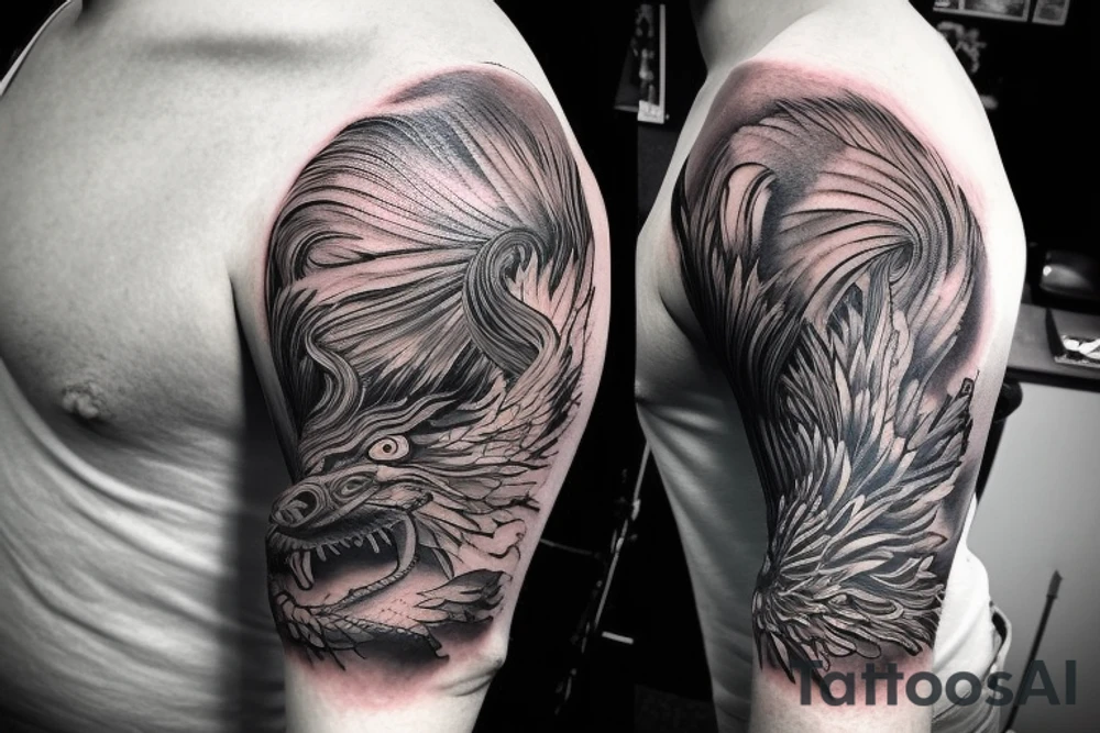 shoulder sleeve tattoo featuring an ascending Japanese dragon with silk like hair 
dragon clawing up the mountain Aiguille du midi in Chamonix (see https://images.app.goo.gl/RYUNNKAjVmQKEBw89 , https://images.app.goo.gl/w6teereZoZyfaoJW6 , https://images.app.goo.gl/mpeEbDtEkAfNdV379) 
winter
dragon to be moving upwards
Background mountains tattoo idea