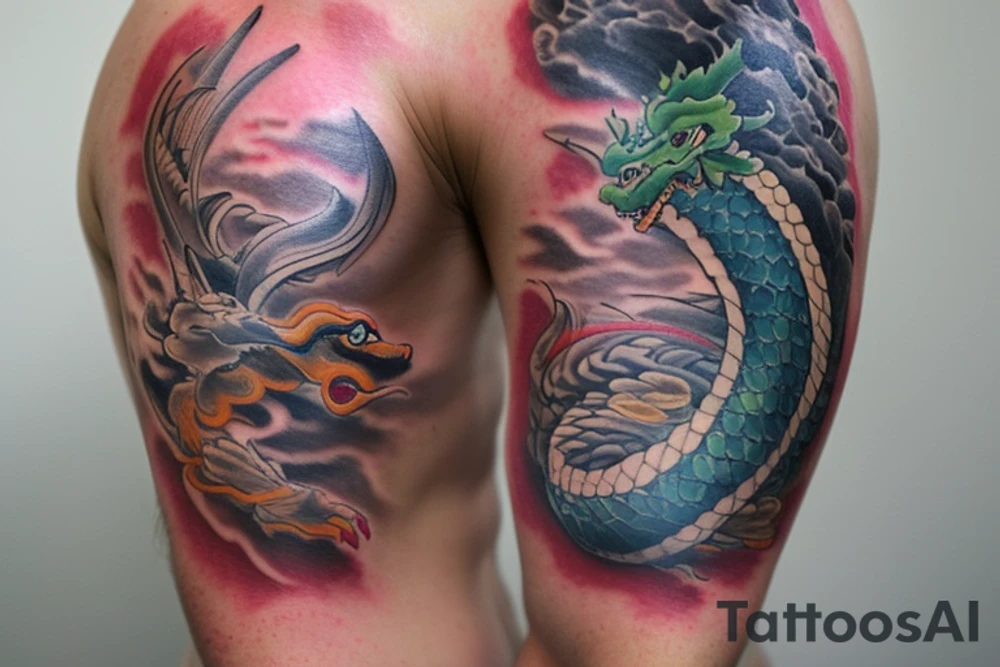 shoulder sleeve tattoo featuring an ascending Japanese dragon with silk like hair 
dragon clawing up the mountain Aiguille du midi in Chamonix (see https://images.app.goo.gl/RYUNNKAjVmQKEBw89 , https://images.app.goo.gl/w6teereZoZyfaoJW6 , https://images.app.goo.gl/mpeEbDtEkAfNdV379) 
winter
dragon to be moving upwards
Background mountains tattoo idea