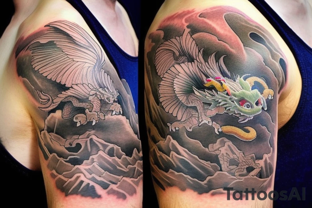 shoulder sleeve tattoo featuring an ascending Japanese dragon with silk like hair 
dragon clawing up the mountain Aiguille du midi in Chamonix (see https://images.app.goo.gl/RYUNNKAjVmQKEBw89 , https://images.app.goo.gl/w6teereZoZyfaoJW6 , https://images.app.goo.gl/mpeEbDtEkAfNdV379) 
winter
dragon to be moving upwards
Background mountains tattoo idea