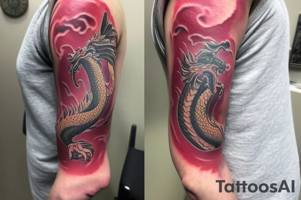 shoulder sleeve tattoo featuring an ascending Japanese dragon with silk like hair 
dragon clawing up the mountain Aiguille du midi in Chamonix (see https://images.app.goo.gl/RYUNNKAjVmQKEBw89 , https://images.app.goo.gl/w6teereZoZyfaoJW6 , https://images.app.goo.gl/mpeEbDtEkAfNdV379) 
winter
dragon to be moving upwards
Background mountains tattoo idea