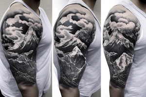 shoulder sleeve tattoo featuring an ascending Japanese dragon with silk like hair 
dragon clawing up the mountain Aiguille du midi in Chamonix
winter
dragon to be moving upwards
Background mountains tattoo idea