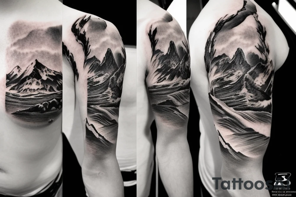 shoulder sleeve tattoo featuring an ascending Japanese dragon with silk like hair 
dragon clawing up the mountain Aiguille du midi in Chamonix
winter
dragon to be moving upwards
Background mountains tattoo idea