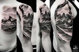 shoulder sleeve tattoo featuring an ascending Japanese dragon with silk like hair 
dragon clawing up the mountain Aiguille du midi in Chamonix
winter
dragon to be moving upwards
Background mountains tattoo idea